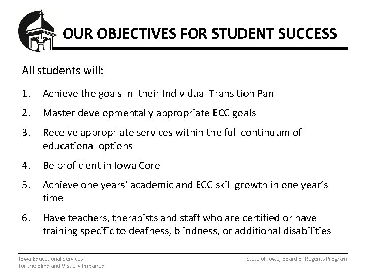 OUR OBJECTIVES FOR STUDENT SUCCESS All students will: 1. Achieve the goals in their