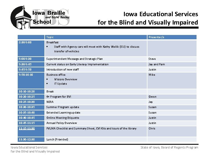 Iowa Educational Services for the Blind and Visually Impaired Topic Presenter/s 8: 30 -9: