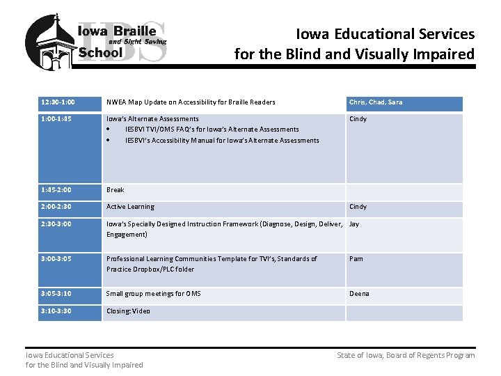 Iowa Educational Services for the Blind and Visually Impaired 12: 30 -1: 00 NWEA