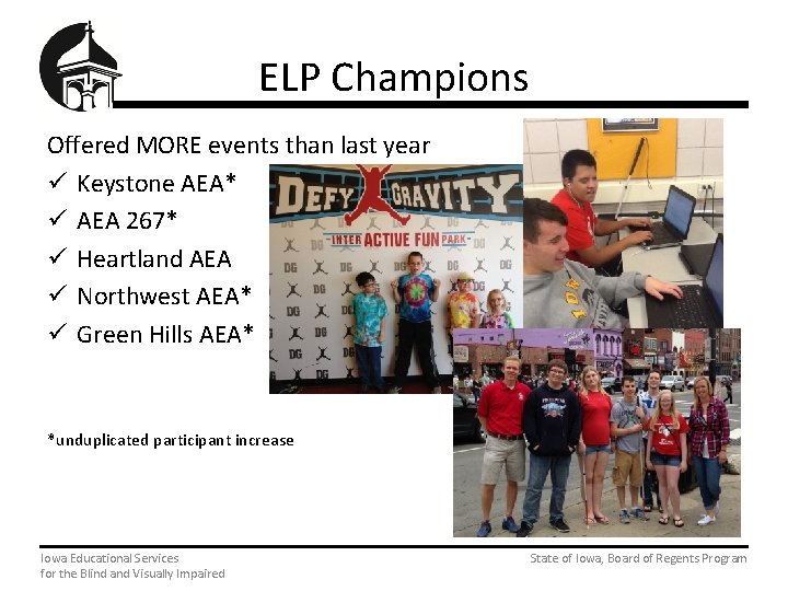 ELP Champions Offered MORE events than last year ü Keystone AEA* ü AEA 267*