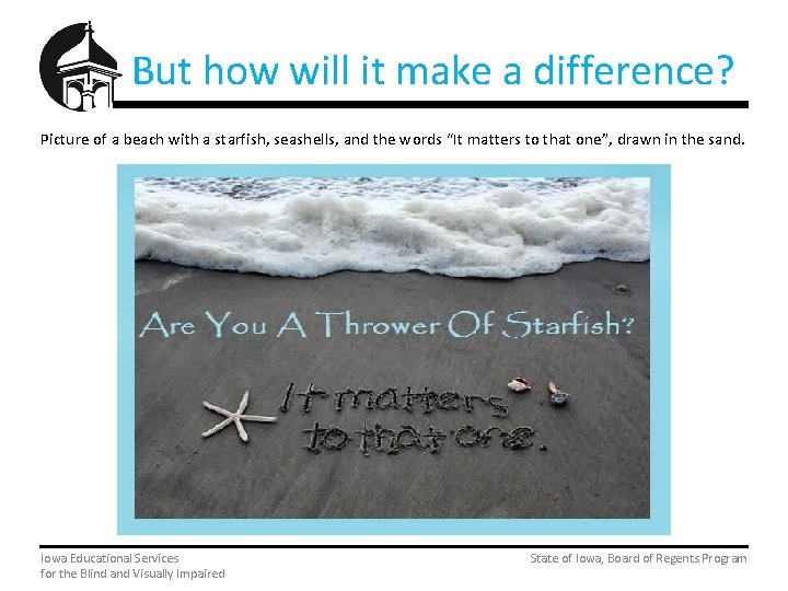 But how will it make a difference? Picture of a beach with a starfish,