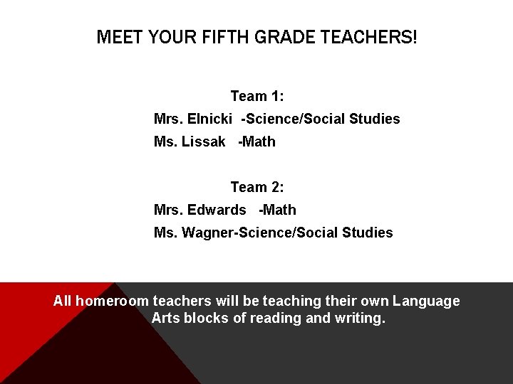 MEET YOUR FIFTH GRADE TEACHERS! Team 1: Mrs. Elnicki -Science/Social Studies Ms. Lissak -Math