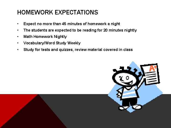 HOMEWORK EXPECTATIONS • Expect no more than 45 minutes of homework a night •