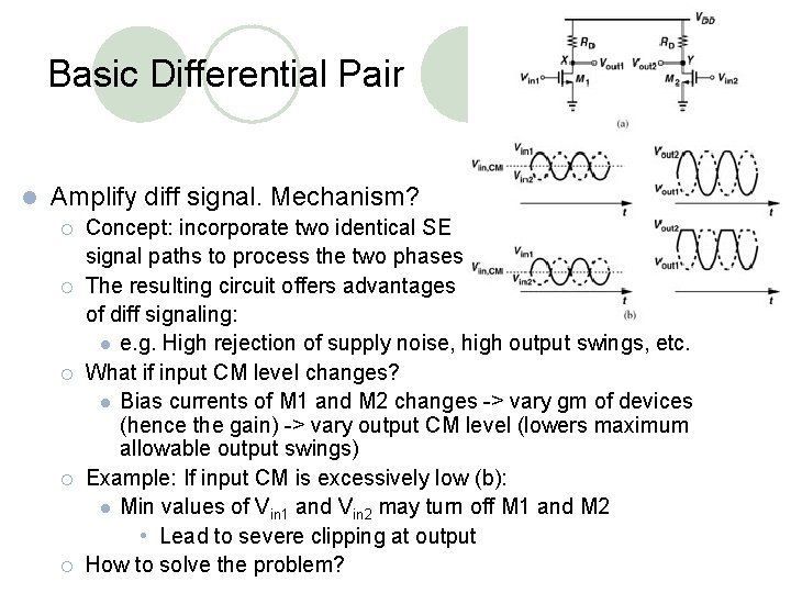 Basic Differential Pair l Amplify diff signal. Mechanism? ¡ ¡ ¡ Concept: incorporate two