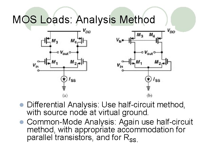 MOS Loads: Analysis Method Differential Analysis: Use half-circuit method, with source node at virtual MOS Loads: Analysis Method Differential Analysis: Use half-circuit method, with source node at virtual