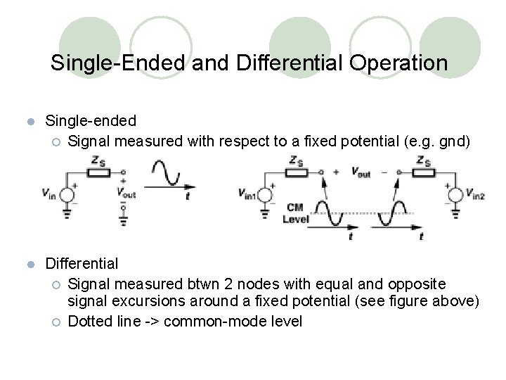 Single-Ended and Differential Operation l Single-ended ¡ Signal measured with respect to a fixed