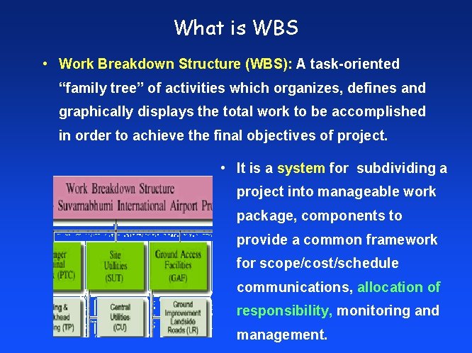 What is WBS • Work Breakdown Structure (WBS): A task-oriented “family tree” of activities