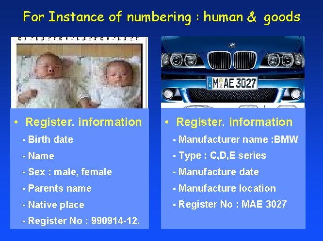 For Instance of numbering : human & goods • Register. information - Birth date