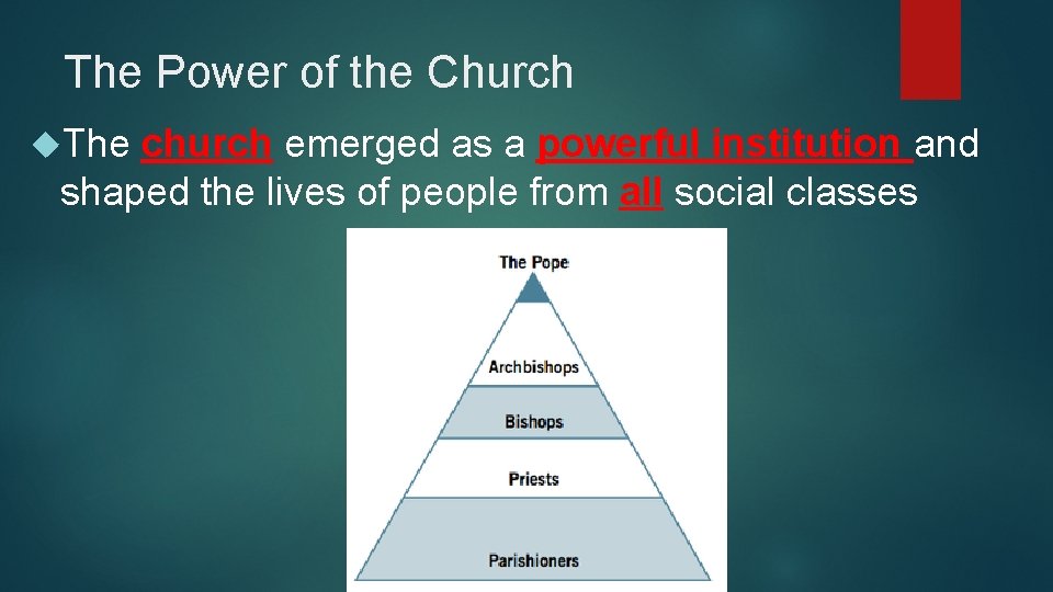 The Power of the Church The church emerged as a powerful institution and shaped