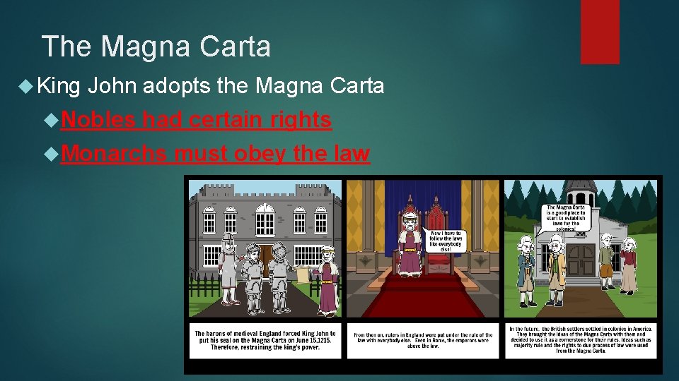 The Magna Carta King John adopts the Magna Carta Nobles had certain rights Monarchs