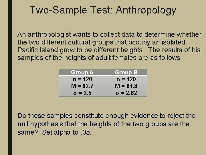 Two-Sample Test: Anthropology An anthropologist wants to collect data to determine whether the two