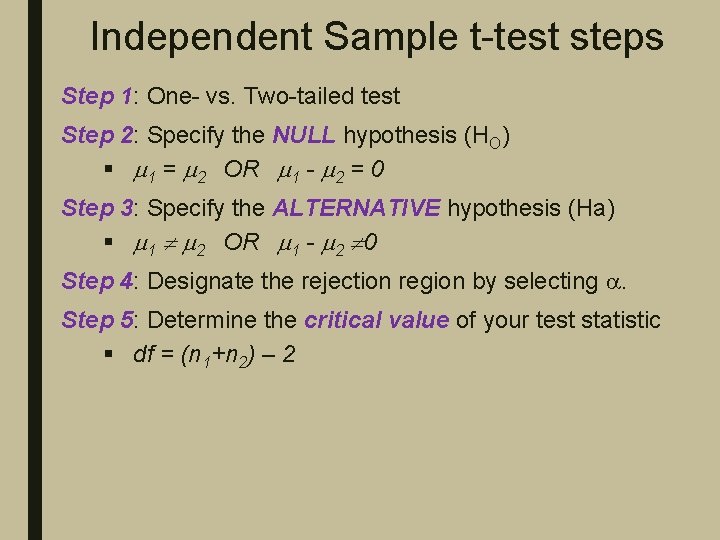 Independent Sample t-test steps Step 1: One- vs. Two-tailed test Step 2: Specify the