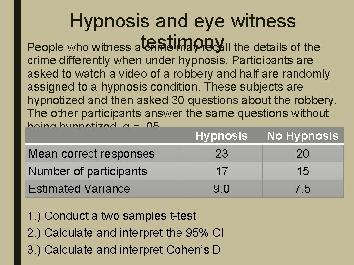 Hypnosis and eye witness testimony People who witness a crime may recall the details
