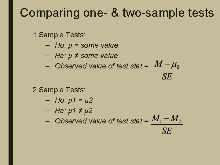 Comparing one- & two-sample tests 1 Sample Tests: – Ho: μ = some value