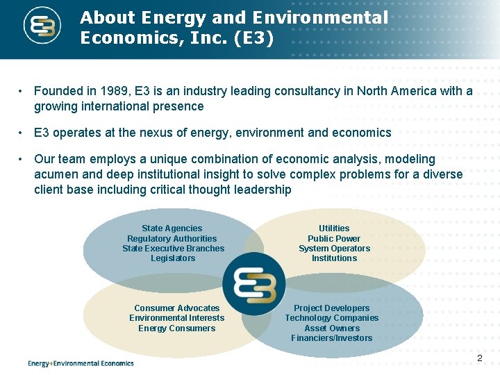 About Energy and Environmental Economics, Inc. (E 3) • Founded in 1989, E 3