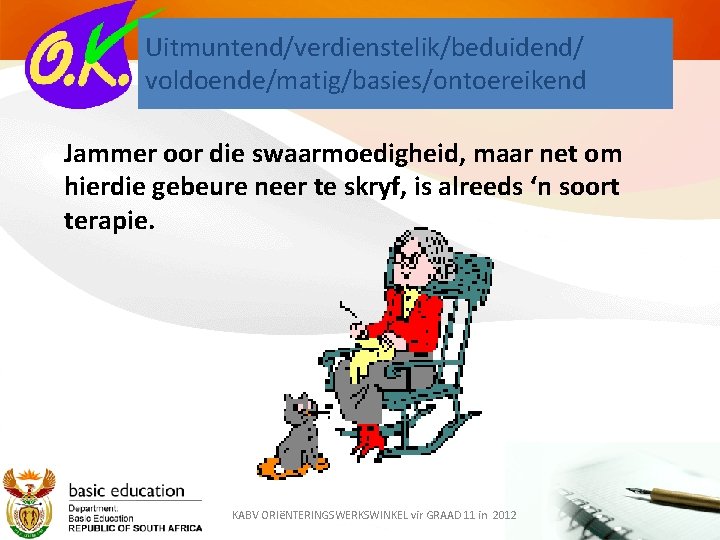 Uitmuntend/verdienstelik/beduidend/ voldoende/matig/basies/ontoereikend Jammer oor die swaarmoedigheid, maar net om hierdie gebeure neer te skryf,