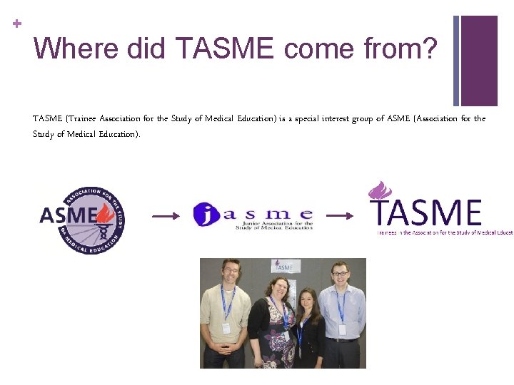 + Where did TASME come from? TASME (Trainee Association for the Study of Medical