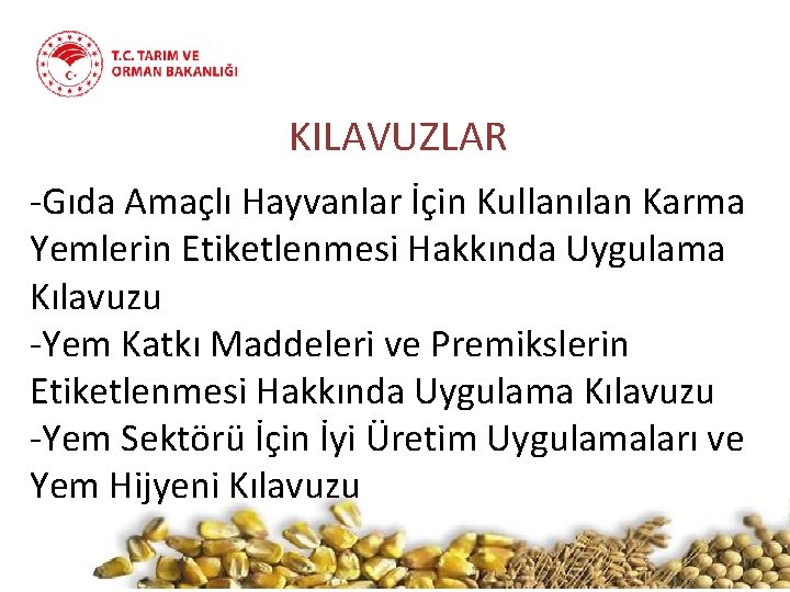 KILAVUZLAR -Gıda Amaçlı Hayvanlar İçin Kullanılan Karma Yemlerin Etiketlenmesi Hakkında Uygulama Kılavuzu -Yem Katkı