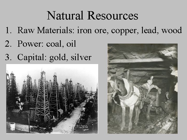 Natural Resources 1. Raw Materials: iron ore, copper, lead, wood 2. Power: coal, oil