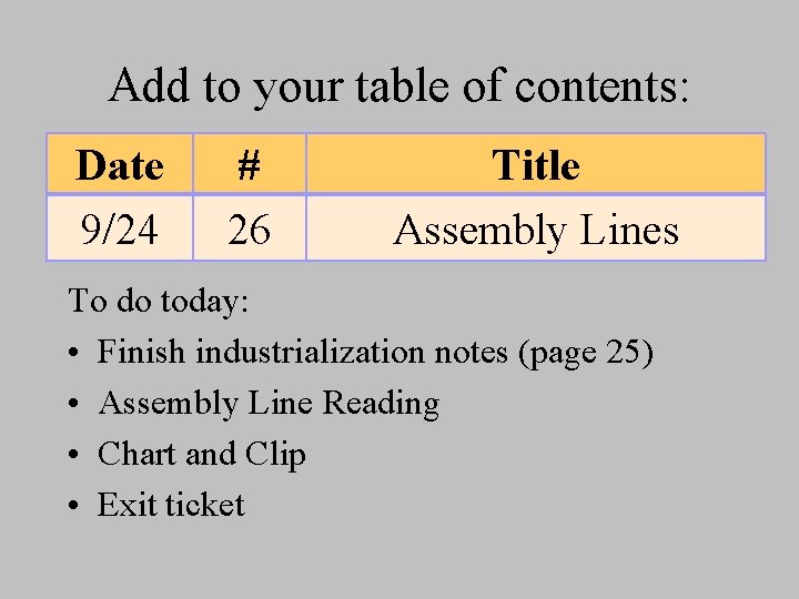 Add to your table of contents: Date 9/24 # 26 Title Assembly Lines To
