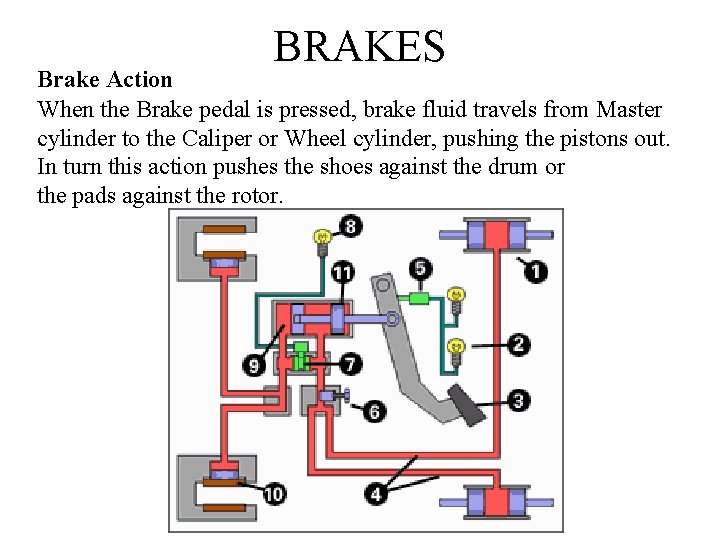 BRAKES Brake Action When the Brake pedal is pressed, brake fluid travels from Master
