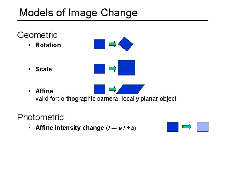 Models of Image Change Geometric • Rotation • Scale • Affine valid for: orthographic