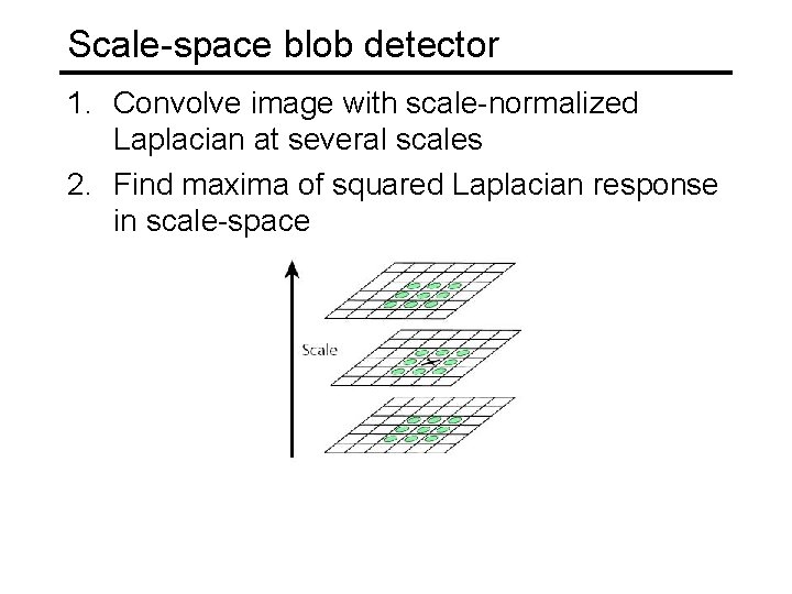 Scale-space blob detector 1. Convolve image with scale-normalized Laplacian at several scales 2. Find