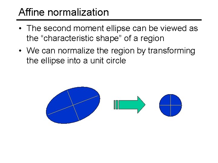 Affine normalization • The second moment ellipse can be viewed as the “characteristic shape”