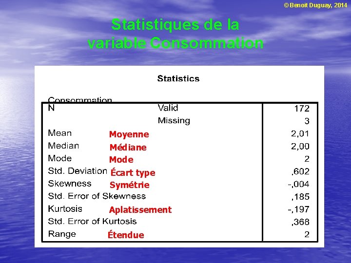 © Benoit Duguay, 2014 Statistiques de la variable Consommation Moyenne Médiane Mode Écart type