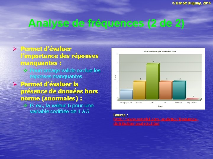 © Benoit Duguay, 2014 Analyse de fréquences (2 de 2) Ø Permet d’évaluer l’importance