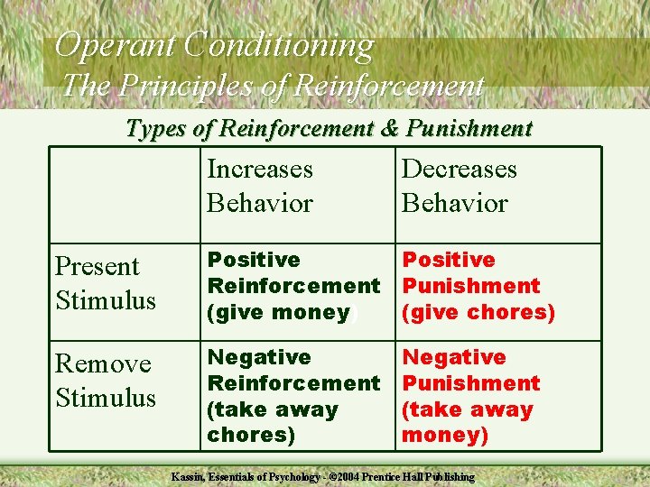 Operant Conditioning The Principles of Reinforcement Types of Reinforcement & Punishment Increases Behavior Decreases