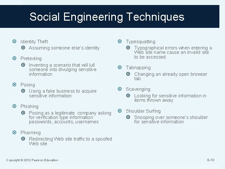 Social Engineering Techniques Identity Theft Assuming someone else’s identity Pretexting Inventing a scenario that