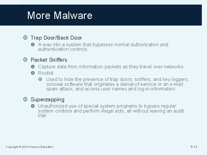 More Malware Trap Door/Back Door A way into a system that bypasses normal authorization