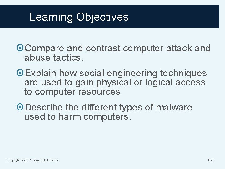 Learning Objectives Compare and contrast computer attack and abuse tactics. Explain how social engineering