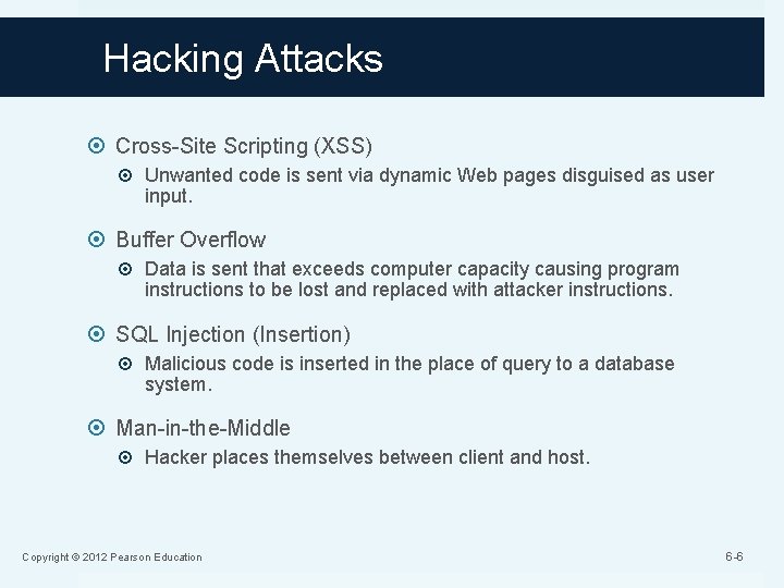 Hacking Attacks Cross-Site Scripting (XSS) Unwanted code is sent via dynamic Web pages disguised