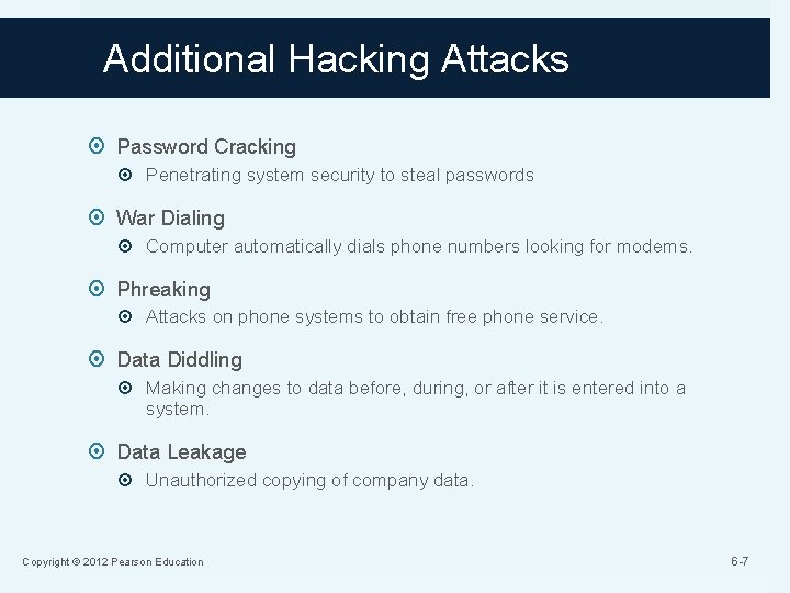 Additional Hacking Attacks Password Cracking Penetrating system security to steal passwords War Dialing Computer