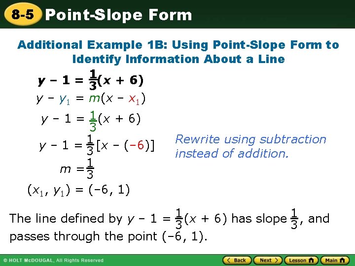 8 -5 Point-Slope Form Additional Example 1 B: Using Point-Slope Form to Identify Information