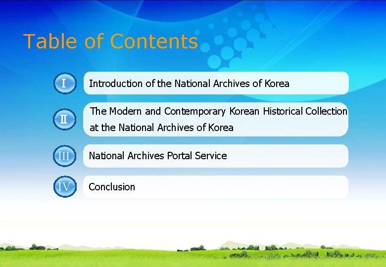 Table of Contents Ⅰ Ⅱ Introduction of the National Archives of Korea The Modern