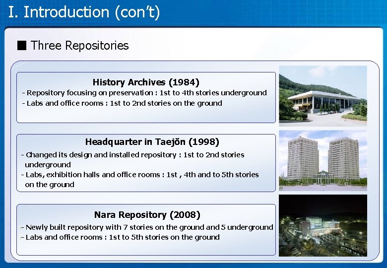 I. Introduction (con’t) ■ Three Repositories History Archives (1984) - Repository focusing on preservation