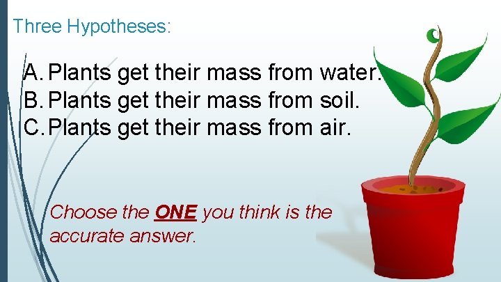 Three Hypotheses: A. Plants get their mass from water. B. Plants get their mass