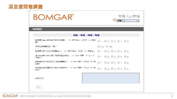 滿意度問卷調查 © 2015 BOMGAR CORPORATION ALL RIGHTS RESERVED WORLDWIDE 12 