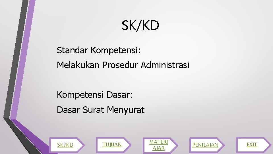 SK/KD Standar Kompetensi: Melakukan Prosedur Administrasi Kompetensi Dasar: Dasar Surat Menyurat SK/KD TUJUAN MATERI