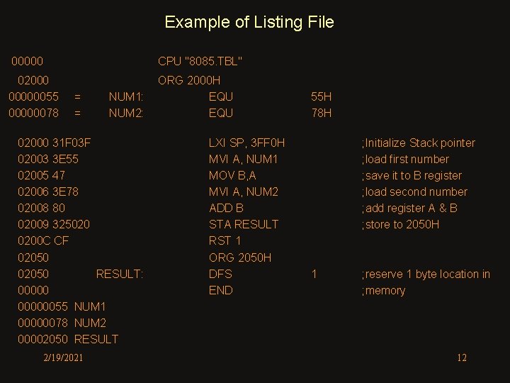 Example of Listing File 00000 CPU "8085. TBL" 02000 00000055 00000078 ORG 2000 H Example of Listing File 00000 CPU "8085. TBL" 02000 00000055 00000078 ORG 2000 H