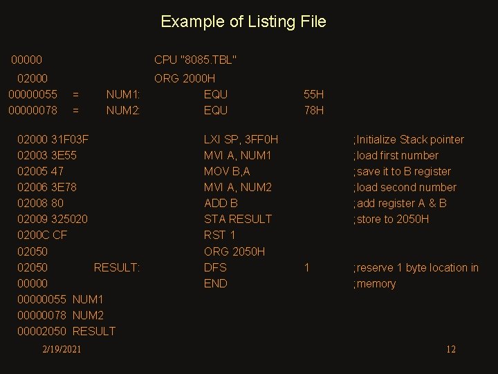 Example of Listing File 00000 CPU "8085. TBL" 02000 00000055 00000078 ORG 2000 H