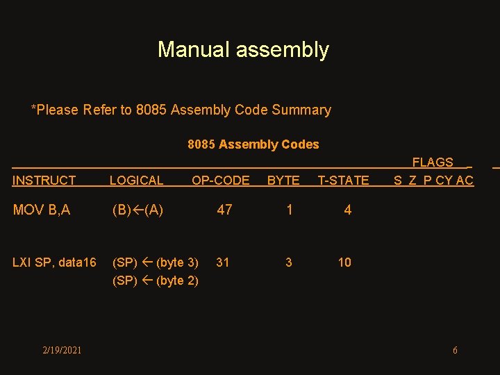Manual assembly *Please Refer to 8085 Assembly Code Summary 8085 Assembly Codes INSTRUCT LOGICAL