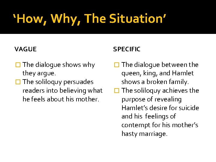 ‘How, Why, The Situation’ VAGUE SPECIFIC � The dialogue shows why � The dialogue