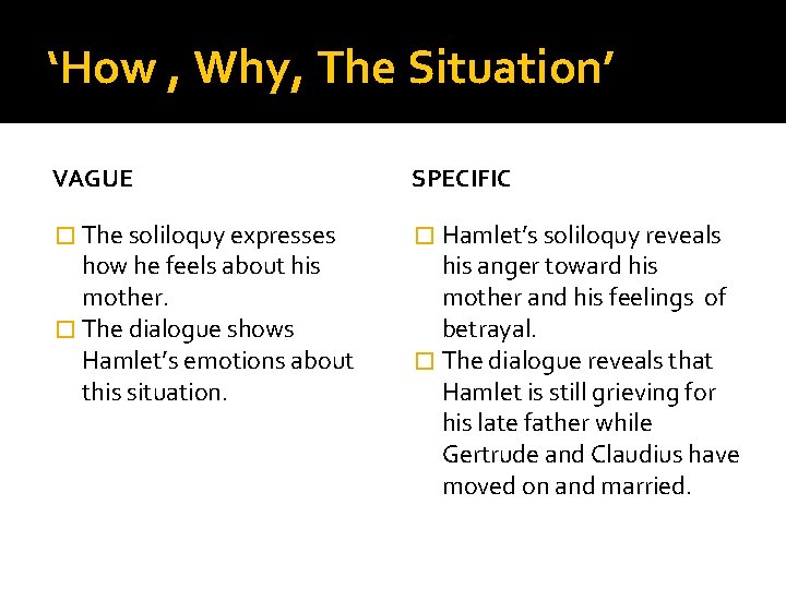 ‘How , Why, The Situation’ VAGUE SPECIFIC � The soliloquy expresses � Hamlet’s soliloquy