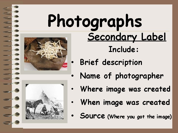 Photographs Secondary Label Include: • Brief description • Name of photographer • Where image