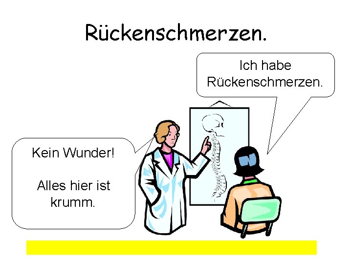 Rückenschmerzen. Ich habe Rückenschmerzen. Kein Wunder! Alles hier ist krumm. 