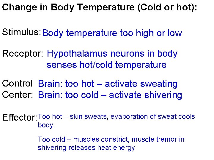 Change in Body Temperature (Cold or hot): Stimulus: Body temperature too high or low